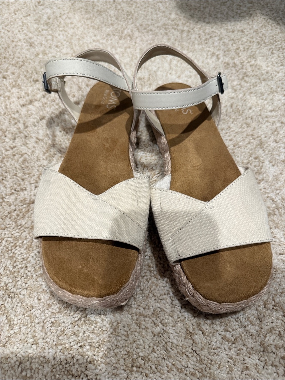 TOMS Beige Canvas Espadrille Wedge Sandals